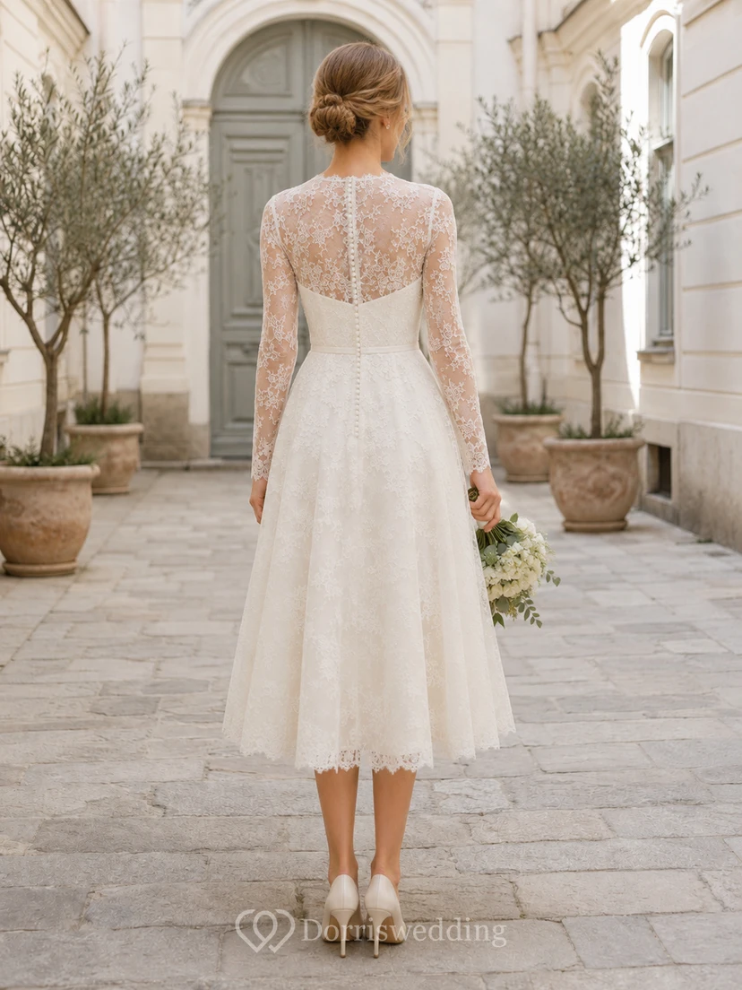 Romantic Civil Lace A Line Bateau Long Illusion Sleeve Tea Length Wedding Dress view 2