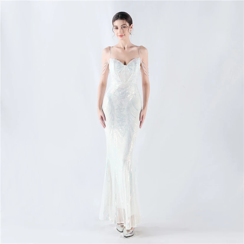 Waist-Reduced Fishbone Shaping Positioning Flower Sequined Anchor Sexy Beaded Suspender Evening Dress view 41