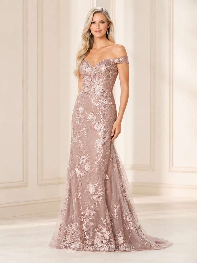 Vestido de noche formal de sirena con encaje floral y hombros descubiertos en color rosa empolvado