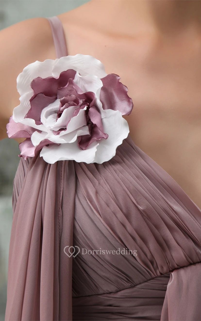 Spaghetti Straps Side Draping Ankle Length Ruched Gown With Ruffles and Flower view 3