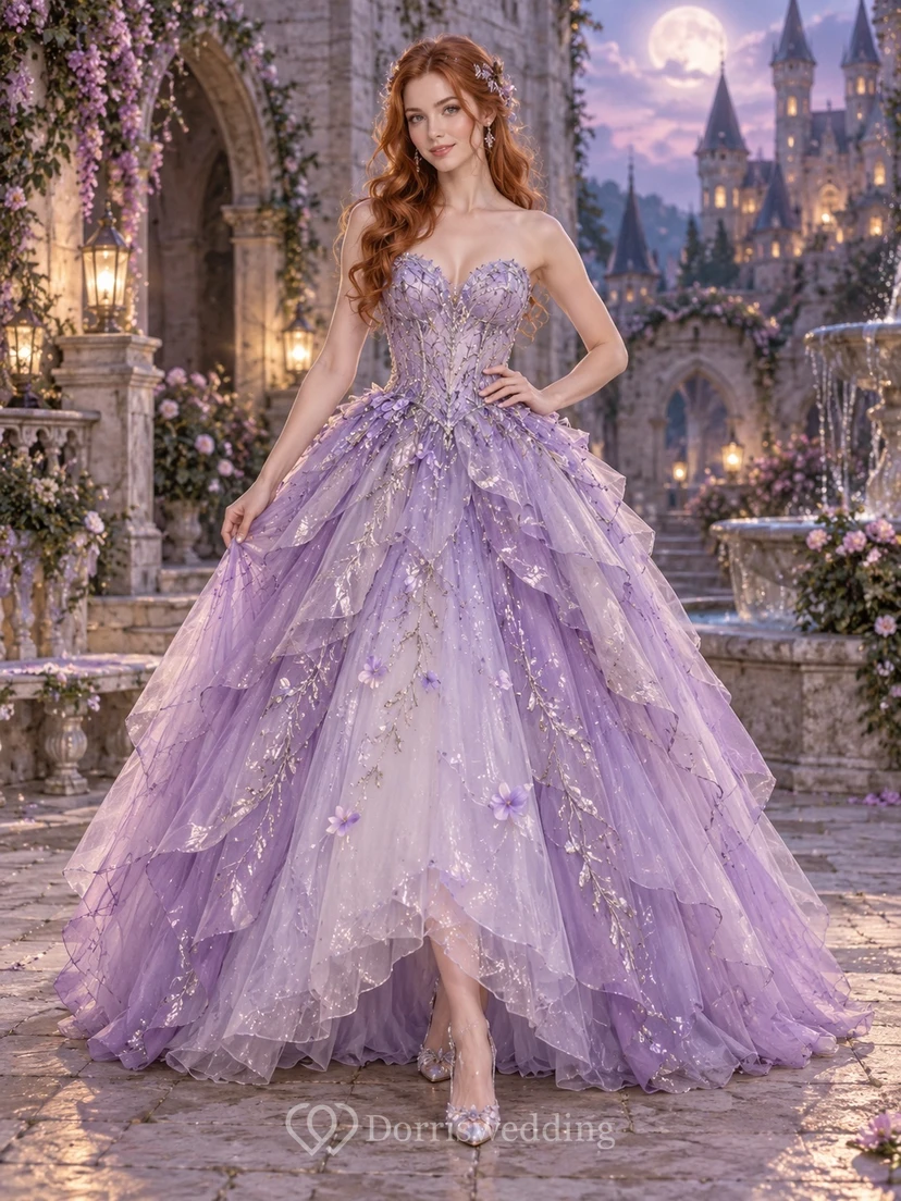 Fairy Lavender Sweetheart Strapless Floral Layered Tulle Princess Ball Gown