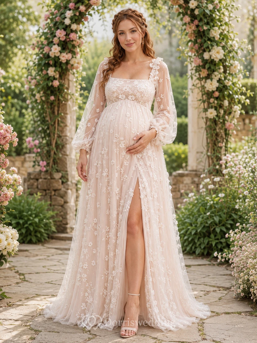 Maternity Wedding Dress Square Neck Long Sleeve Lace Garden Bridal Gown with Split Front