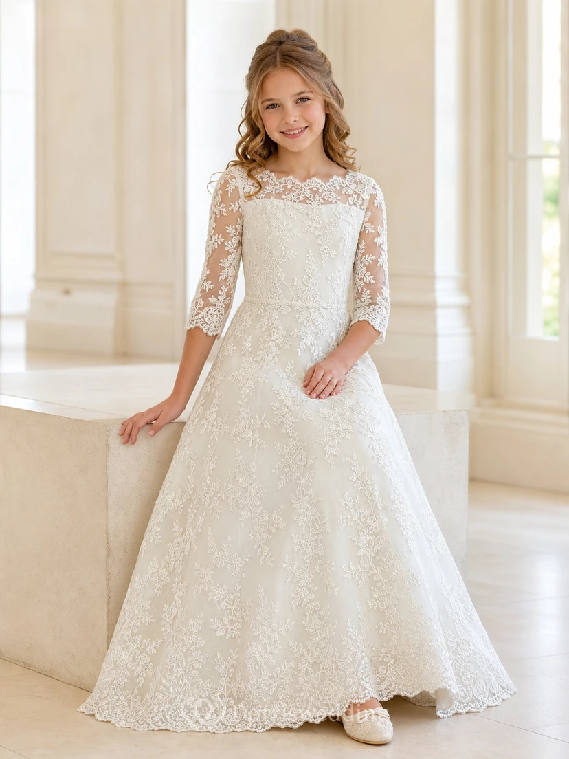 Romantic Flower Girl Floor-length A-Line Bateau Lace Sleeve Dress