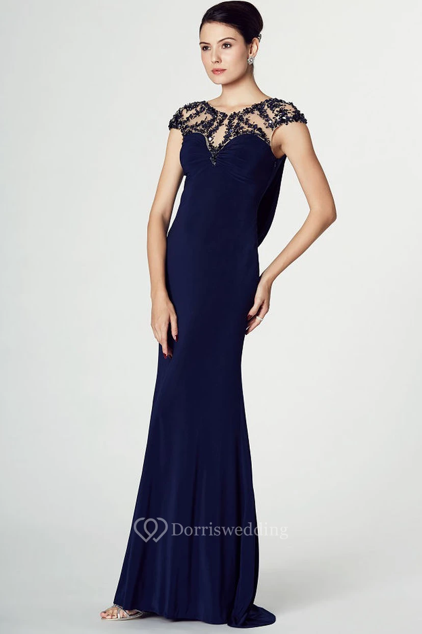 Sheath Cap Sleeve V-Neck Appliqued Jersey Prom Dress With Brush Train