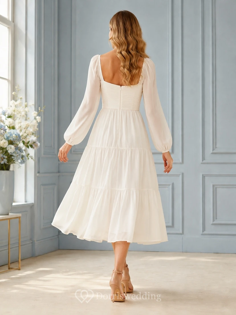 Ivory Sweetheart Long Sleeve Pleated Chiffon A-Line Midi Dress view 2