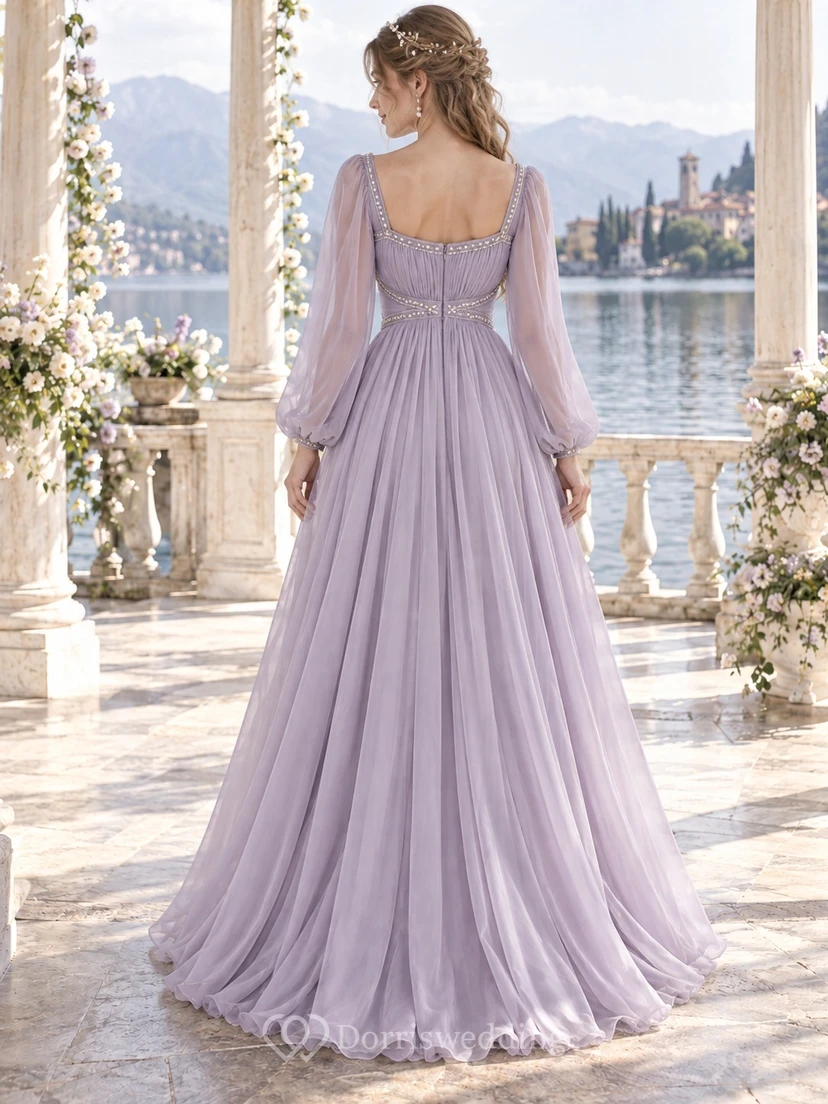 Vestido formal de gasa de manga larga y cuello cuadrado, estilo imperio, color lavanda, estilo renacentista. view 2