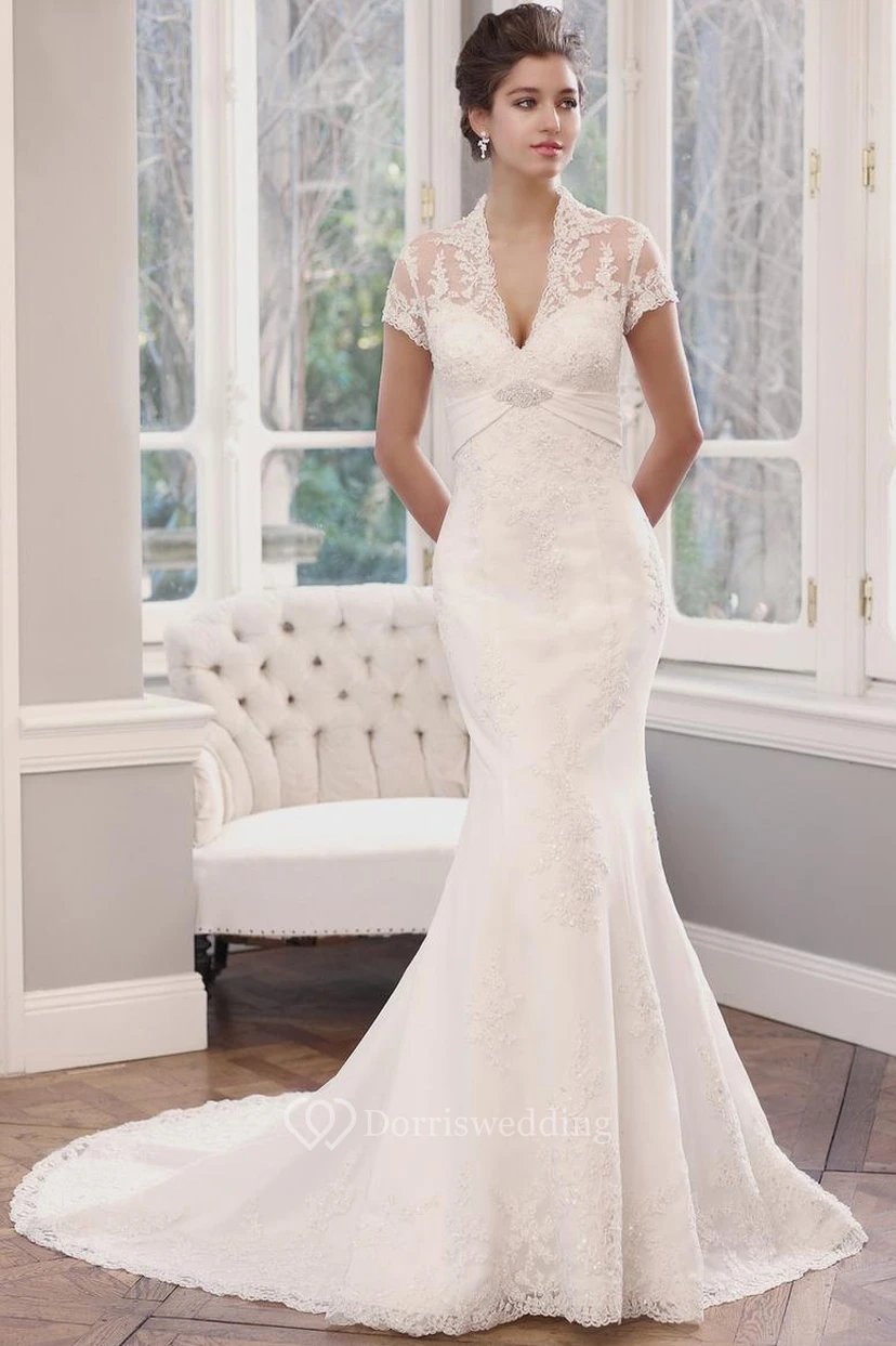 Mermaid T-Shirt-Sleeve V-Neck Lace Wedding Dress With Illusion