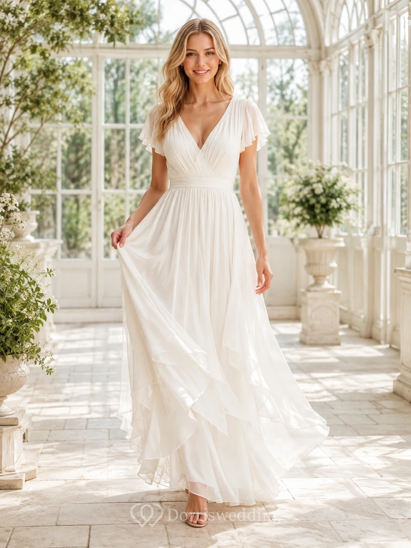 Boho White V-Neck Flutter Sleeve Chiffon Floor-Length Beach Dress
