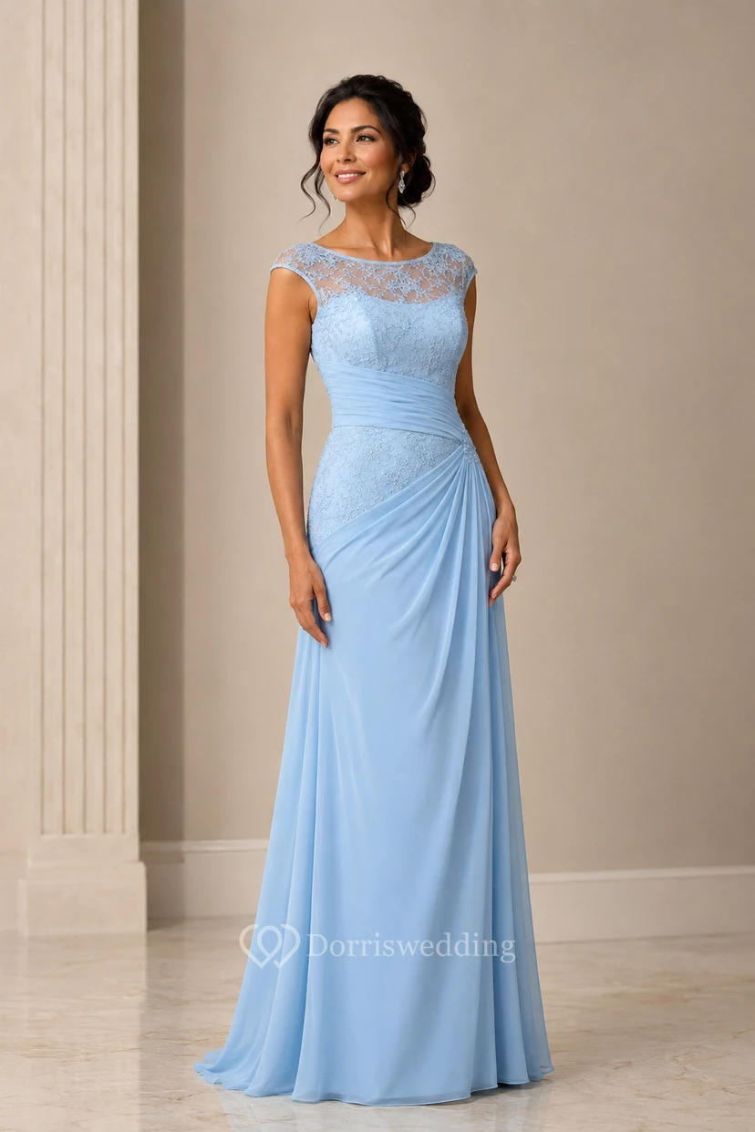 Chiffon-Etui-Kleid mit Rundhalsausschnitt und seitlicher Drapierung, das die Mutter der Braut ziert view 9