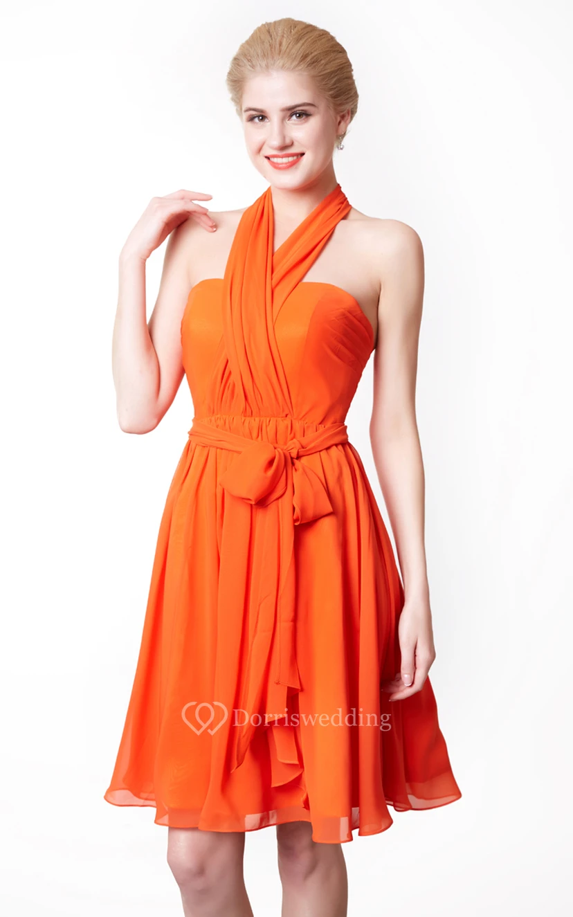Halter Neck A-line Chiffon Short Dress With Bow view 5