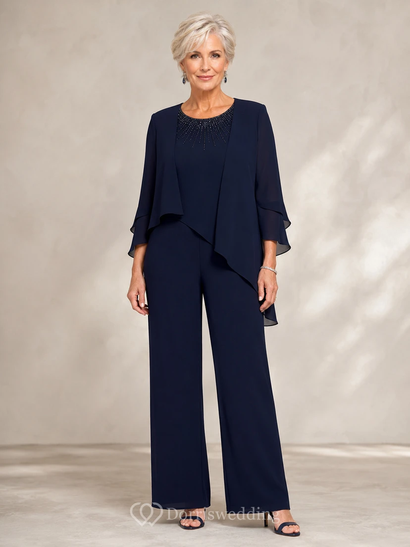 Dark Navy Mother Pantsuit with Asymmetric Chiffon Overlay and Wide Leg Pants