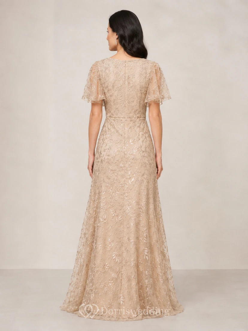 A-Line Lace Mother of the Bride Dress with V-neck, Short Sleeve and Lace Appliques, Floor Length view 2