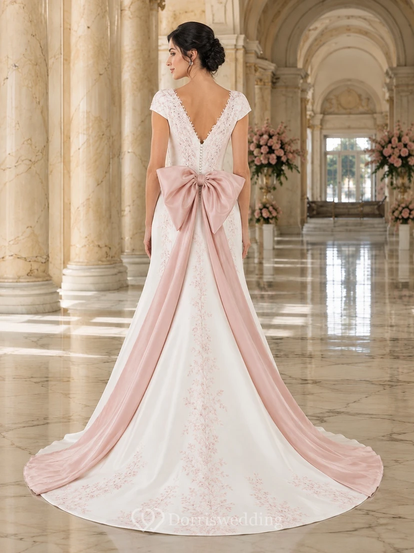 Robe de mariée rose poudré à col V, manches courtes, dentelle, traîne et nœud papillon view 2
