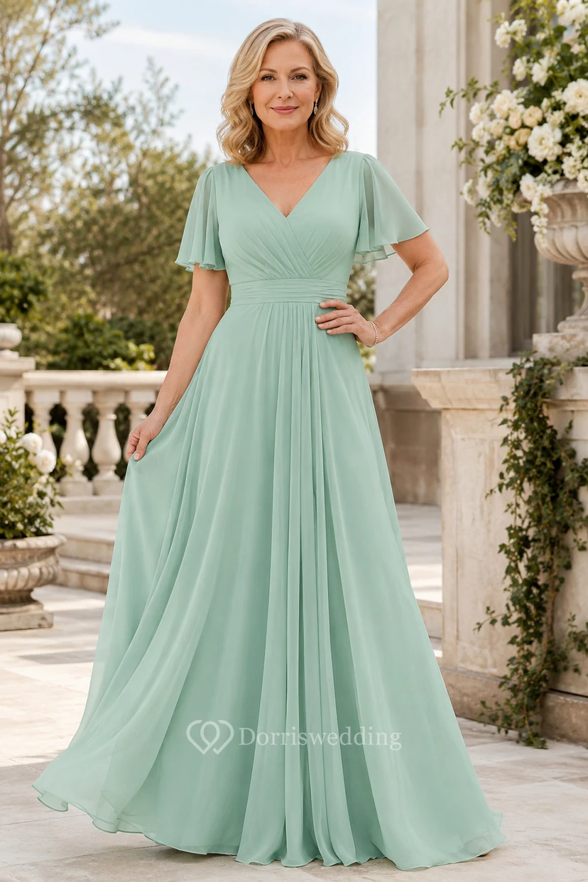 Mintgrünes Chiffon-Kleid in A-Linie mit V-Ausschnitt für Mütter