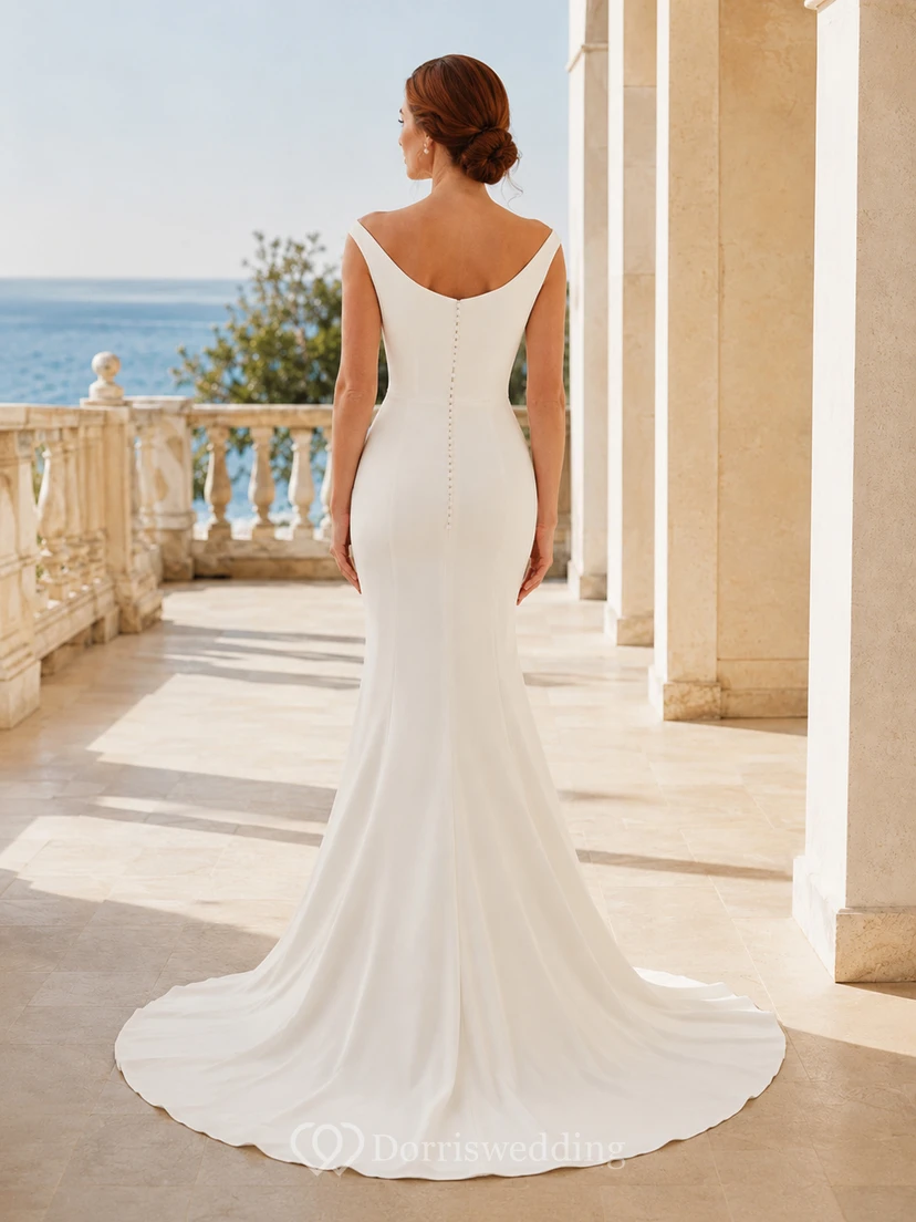Brautkleid aus Satin im Meerjungfrauenstil mit U-Boot-Ausschnitt, ärmellos, bodenlang, tiefer V-Ausschnitt am Rücken view 2