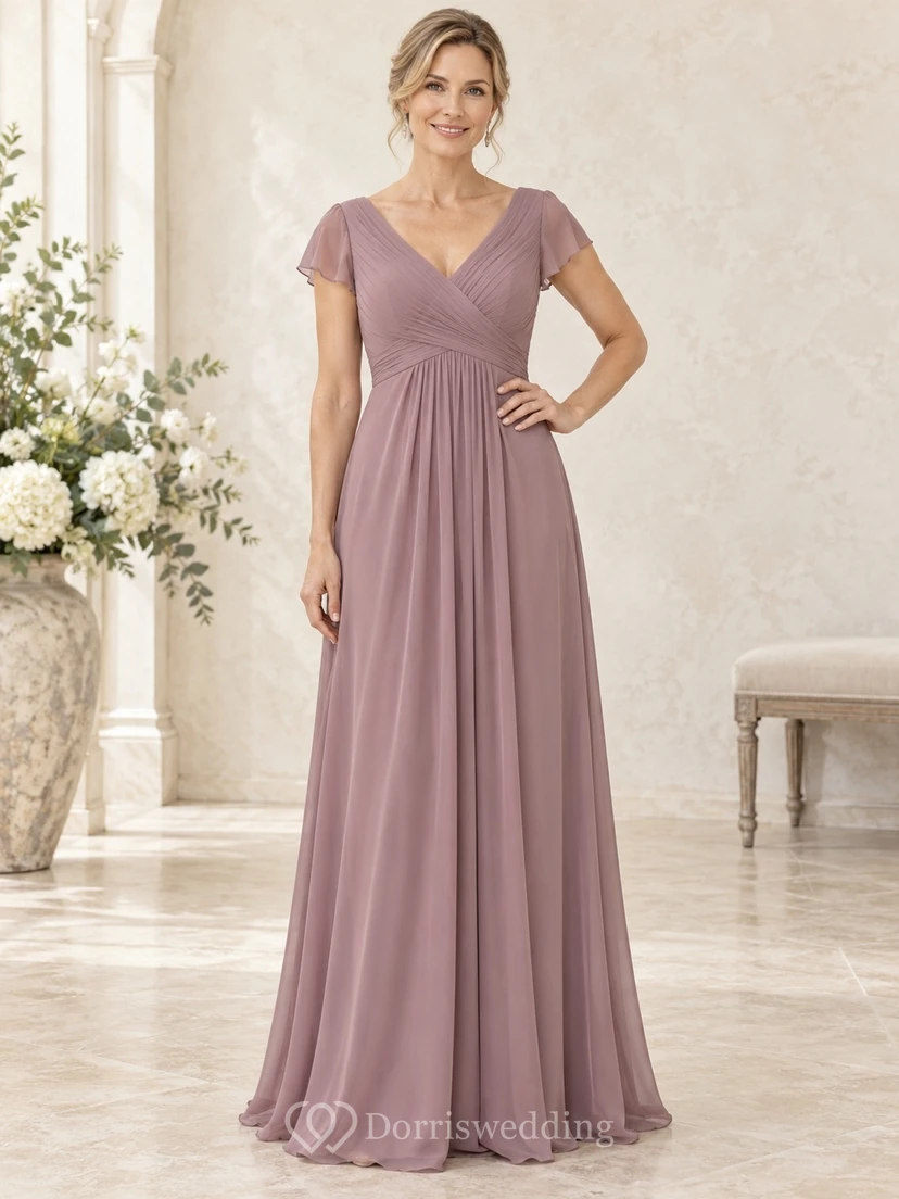 Vestido de gasa de corte A largo hasta el suelo, estilo imperio, con escote en V, mangas cortas y cuello imperio, color malva, ideal para la madre de la novia.