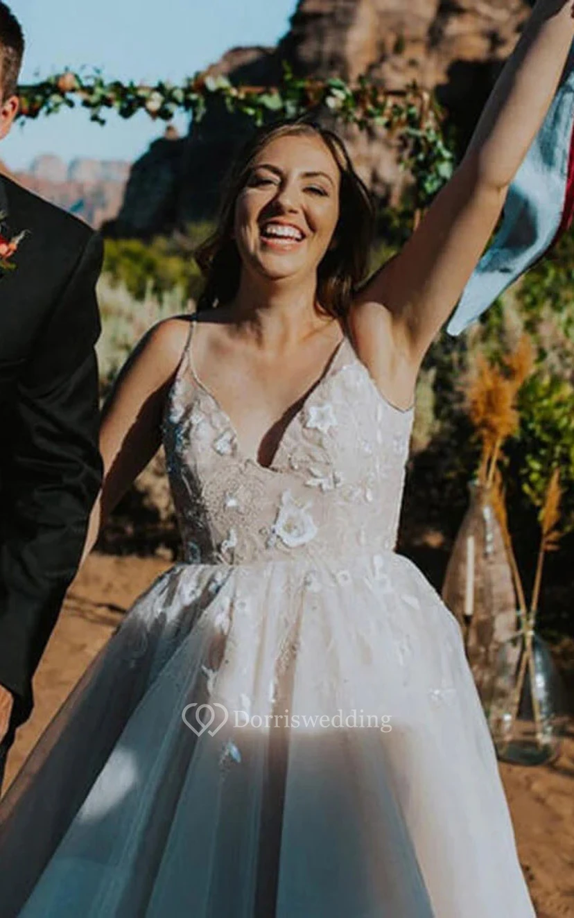 Blush Spaghetti Empire Plus Size Tulle Applique Ball Gown Beach Wedding Dress view 2