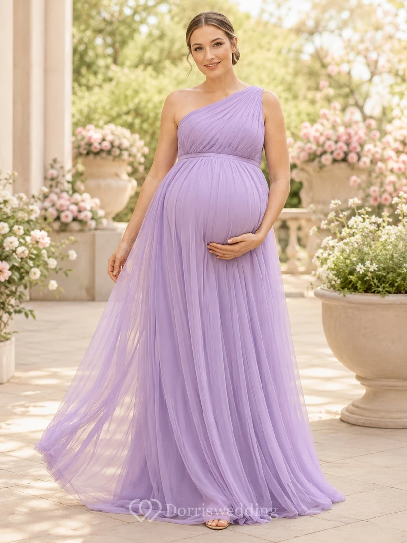 Robe de maternité lavande à une épaule, plissée, en mousseline, longueur empire