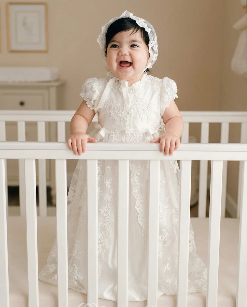 Robe de baptême blanche pour petite fille d'honneur, manches bouffantes et dentelle.