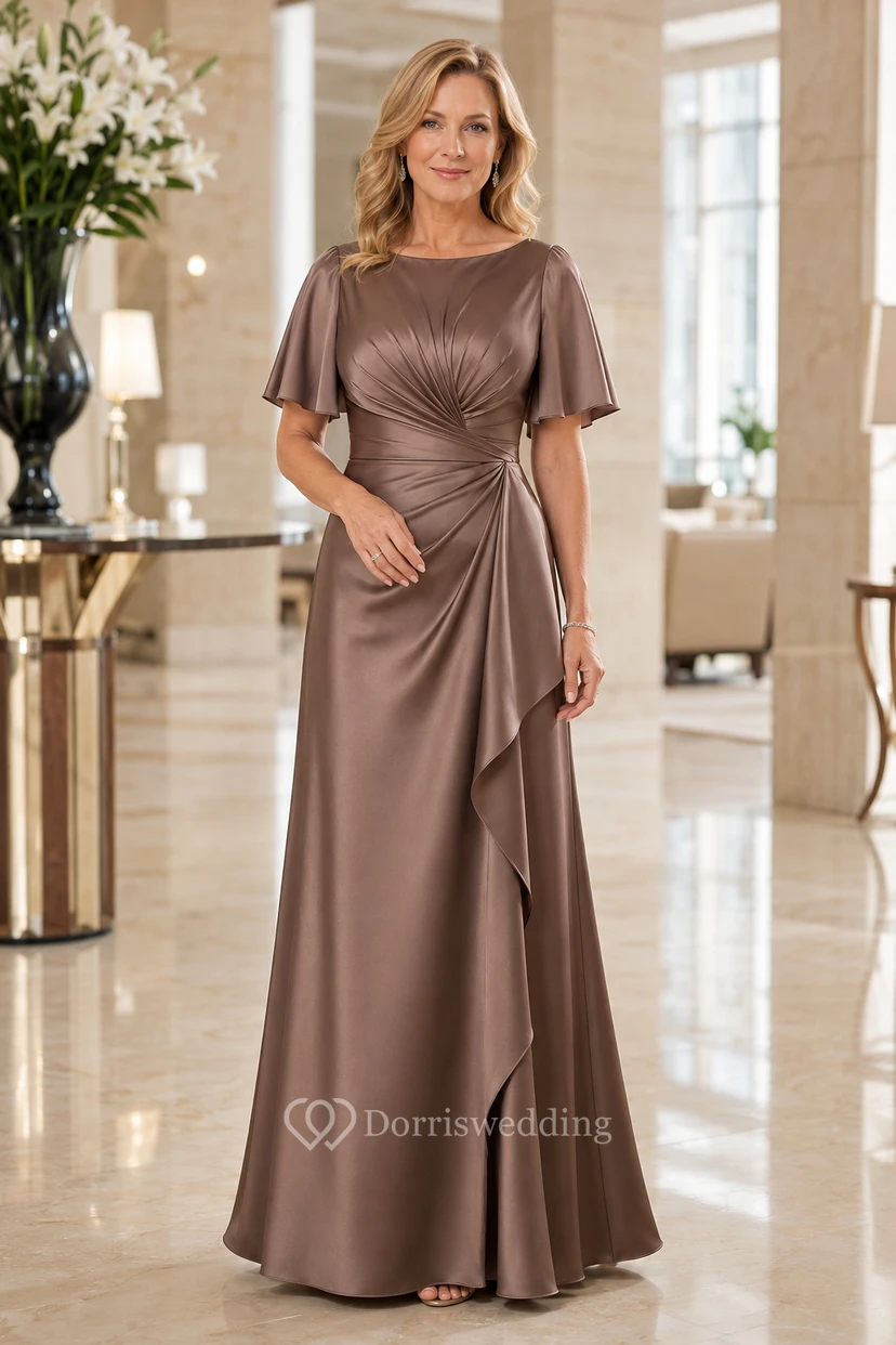 MOB-Kleid, taupefarbener Satin, A-Linie, kurze Ärmel, U-Boot-Ausschnitt, bodenlang, Rüschenbesatz