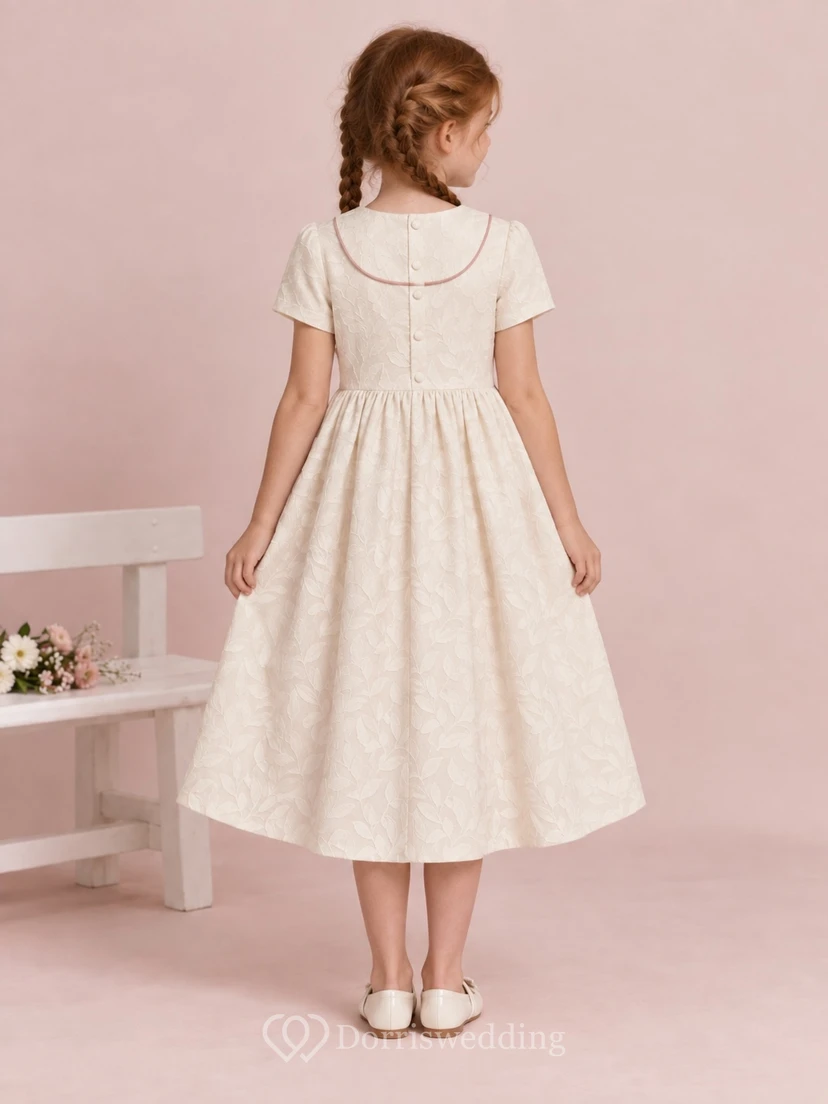 Modest Vintage Cream Tea-length Jewel Short-Sleeve Pintucked Piped-Yoke Leaf-Jacquard Gathered Button-Back Flowergirl Dress view 2