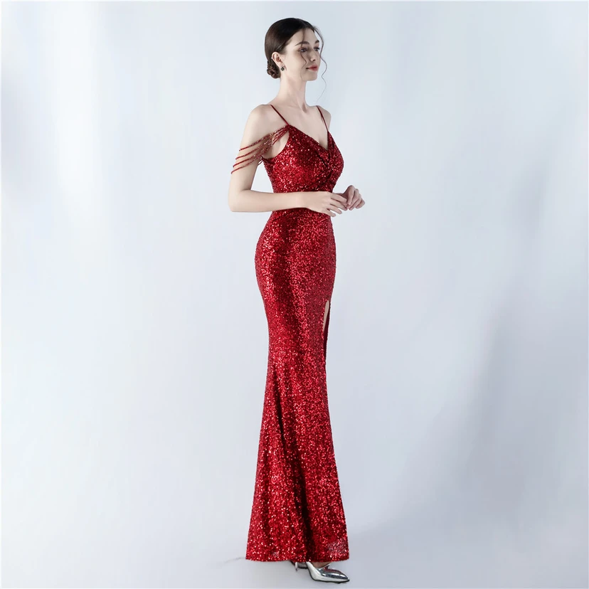 Robe de soirée sexy à bretelles et fente haute, ornée de perles et de perles artisanales. view 14