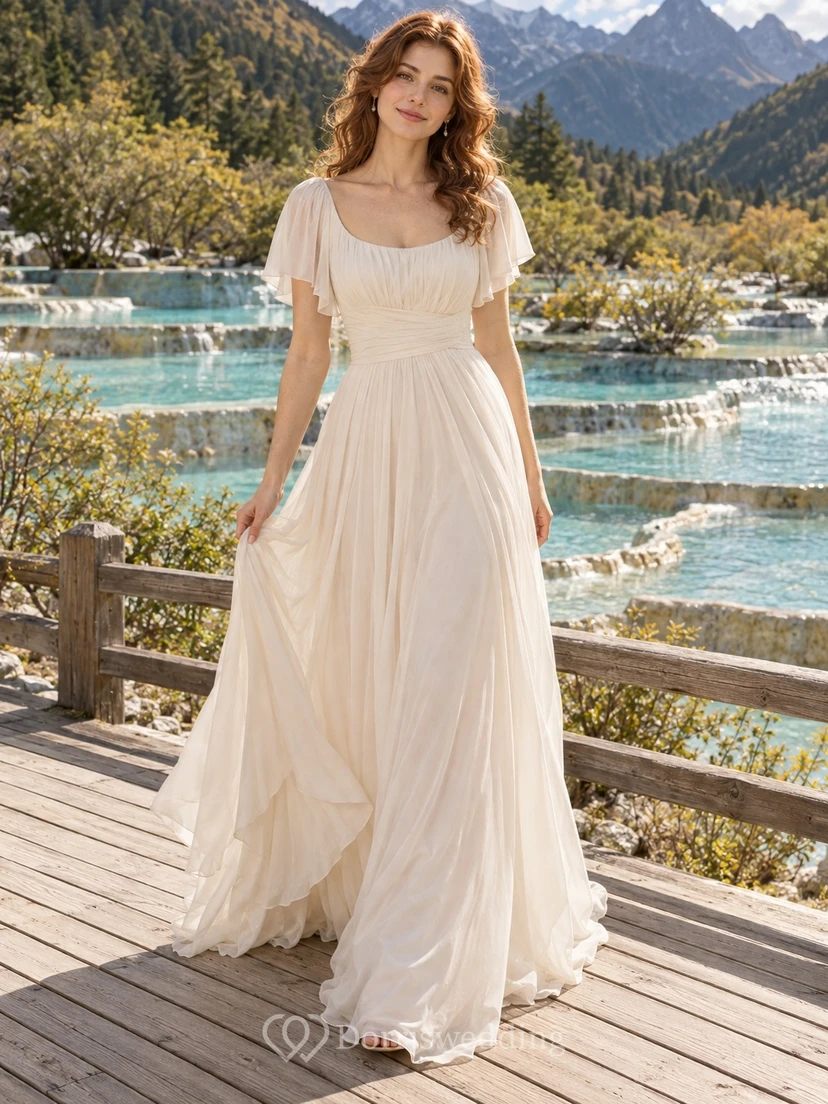 Vestido de novia sencillo de gasa color champán con escote redondo y manga corta