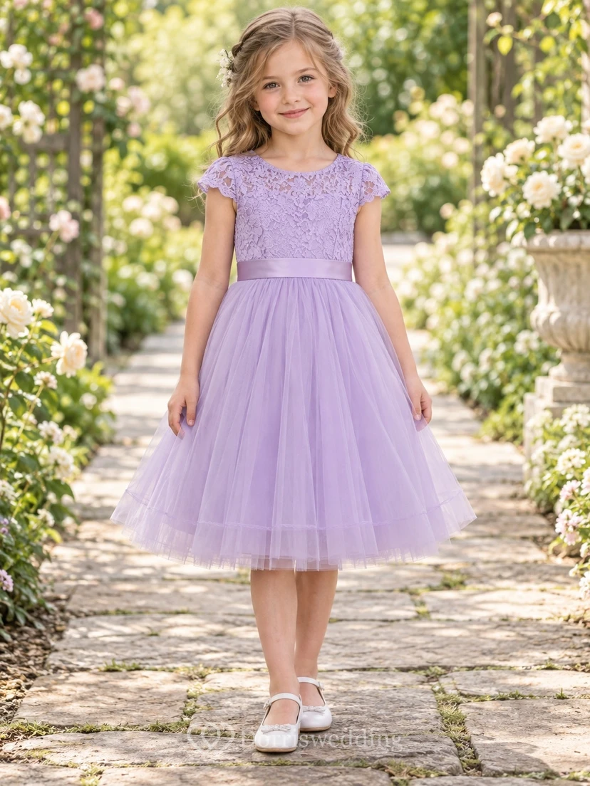 Lavender Cap Sleeve Floral Lace Tea-length A-Line Gathered Tulle Satin Waist Bow Flowergirl Dress