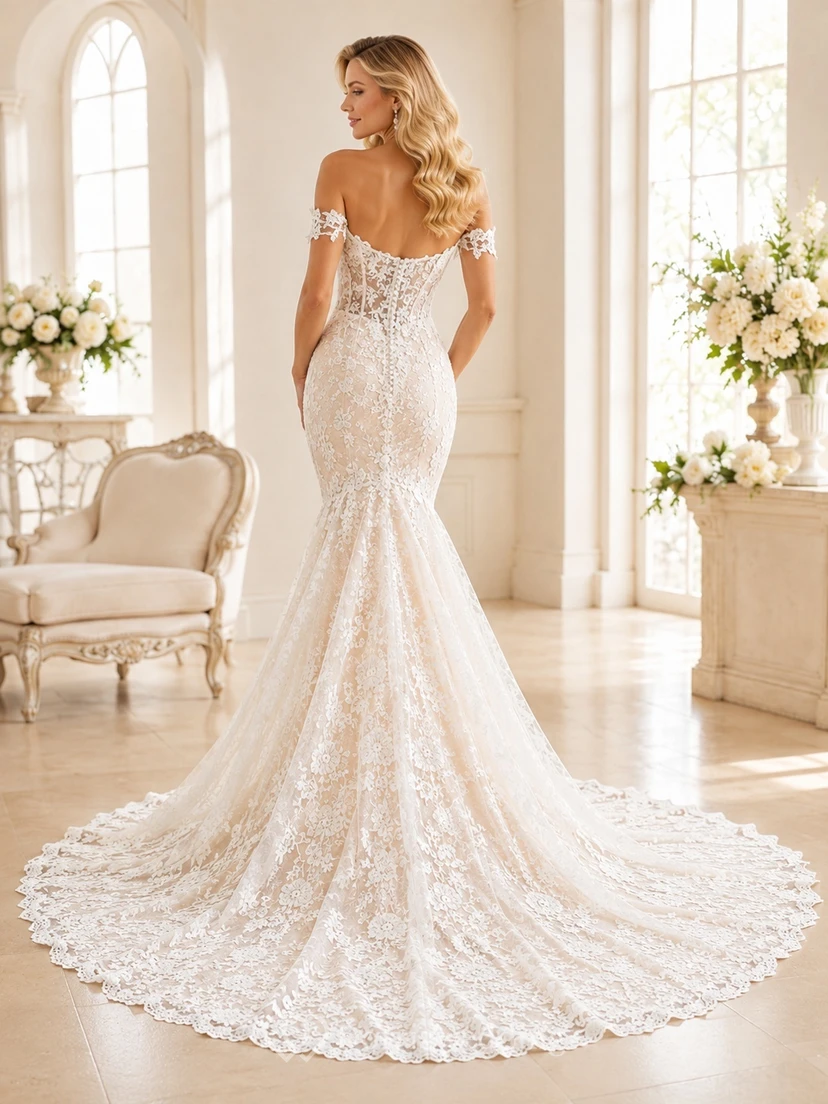 Champagnerfarbenes Brautkleid im Meerjungfrauenstil mit floraler Spitze, schulterfrei, kurzen Ärmeln und Kapellenschleppe view 2