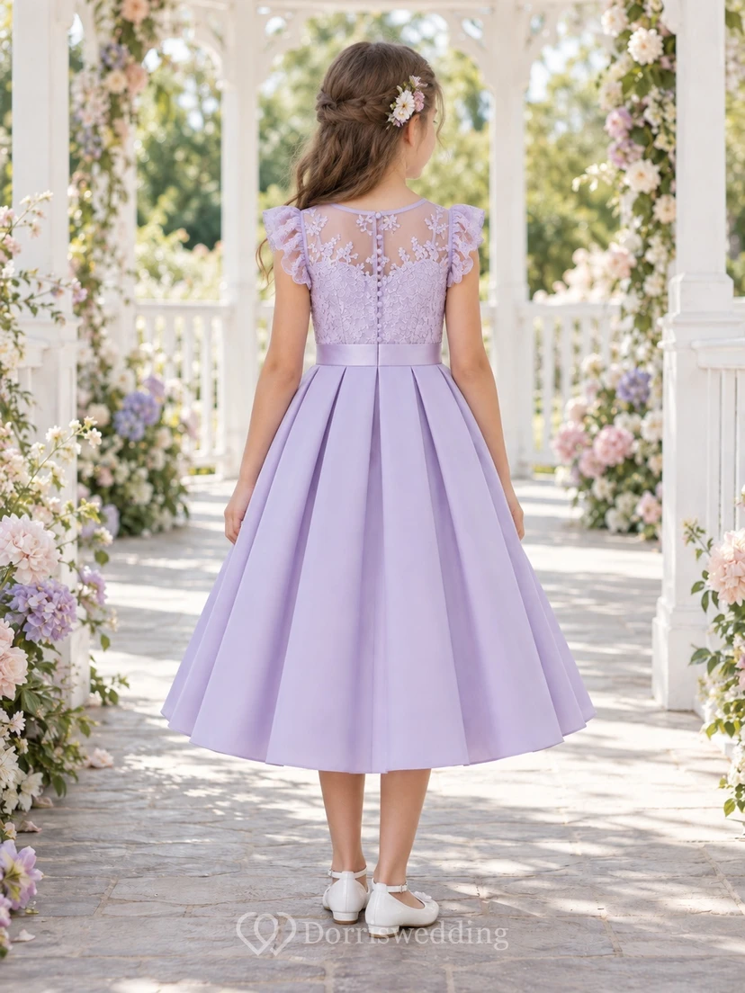 Vestido de niña de flores modesto de corte A con estampado floral lavanda y mangas con volantes, de satén, hasta la rodilla. view 2