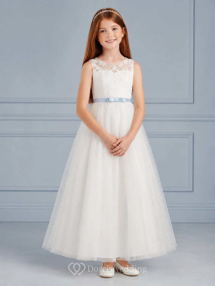 Blue Sash Lace Bodice Tulle A-Line Flower Girl Dress with Jewel Neck, Tea-Length Skirt and Sash Detail