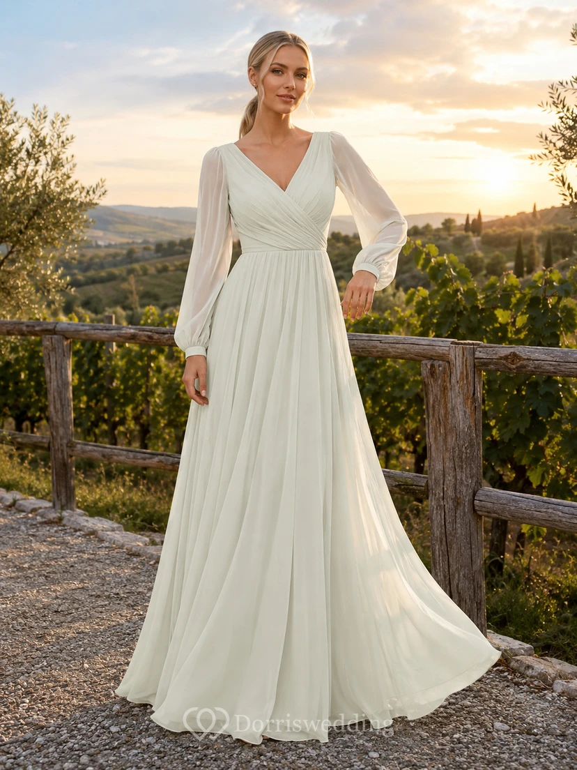 Modest V-Neck Long Sleeve Chiffon Vineyard Elopement Gown