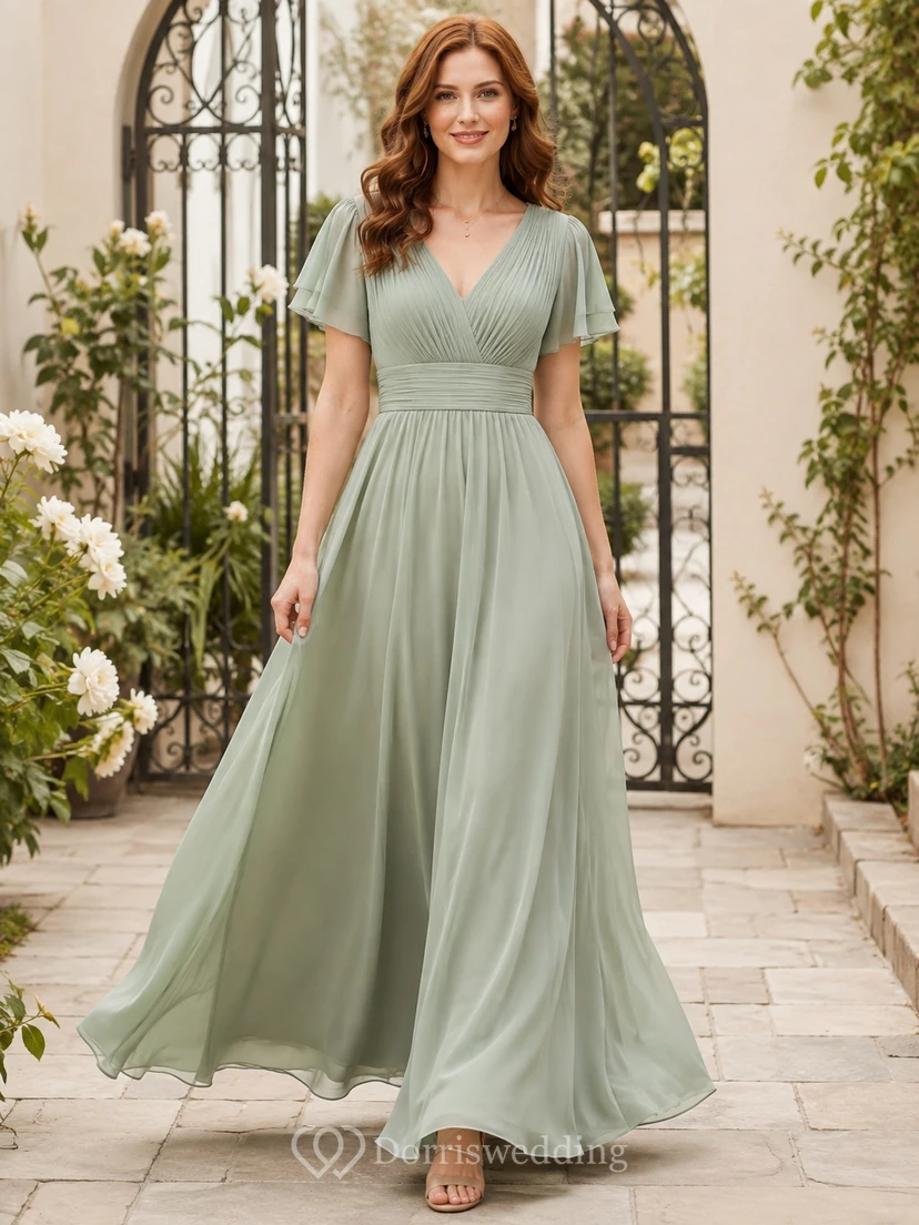 Vestido formal largo hasta el suelo de gasa con escote en V y mangas con volantes, color verde salvia.