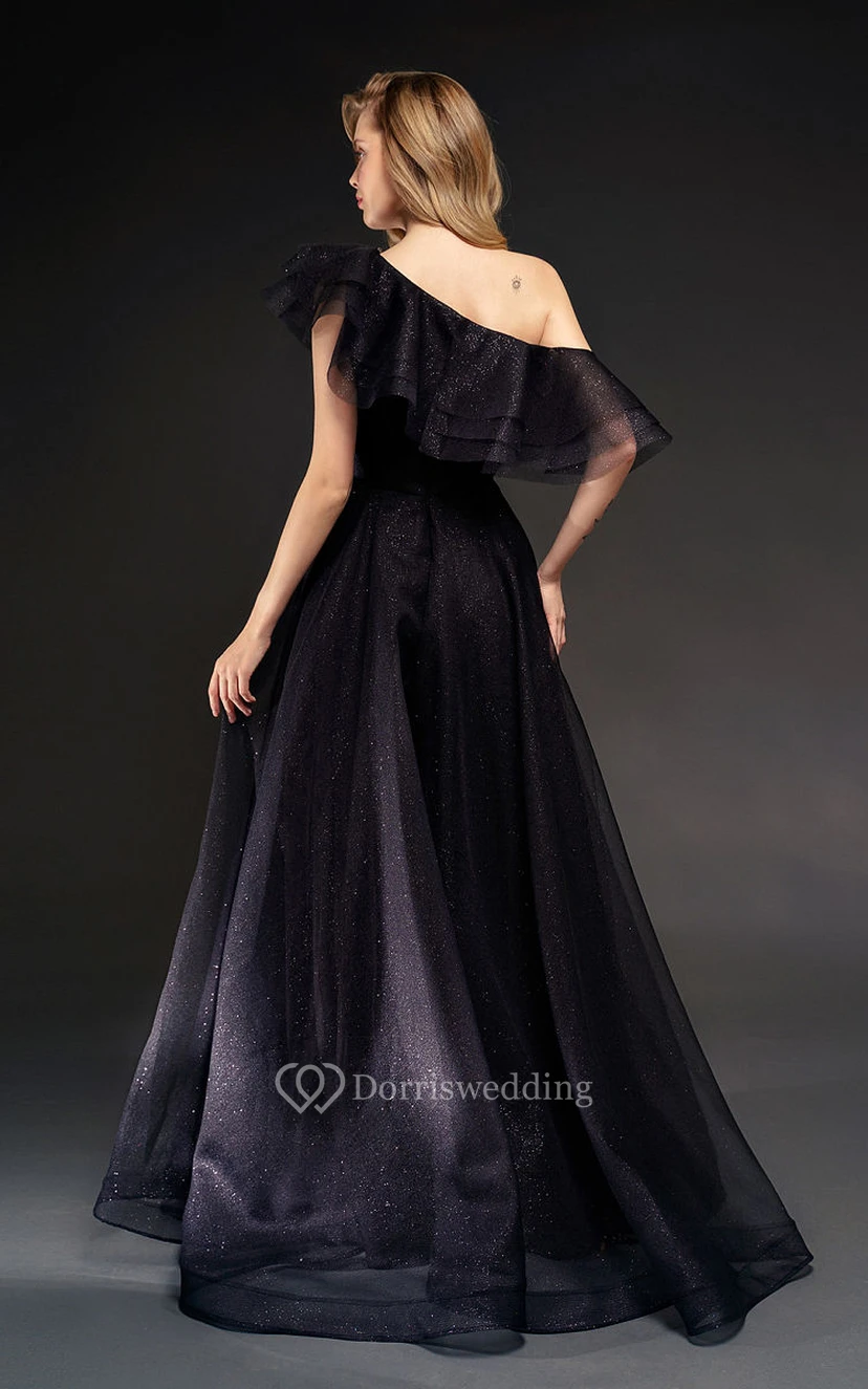 Asymmetrisches, schulterfreies, schwarzes A-Linien-Abendkleid view 2
