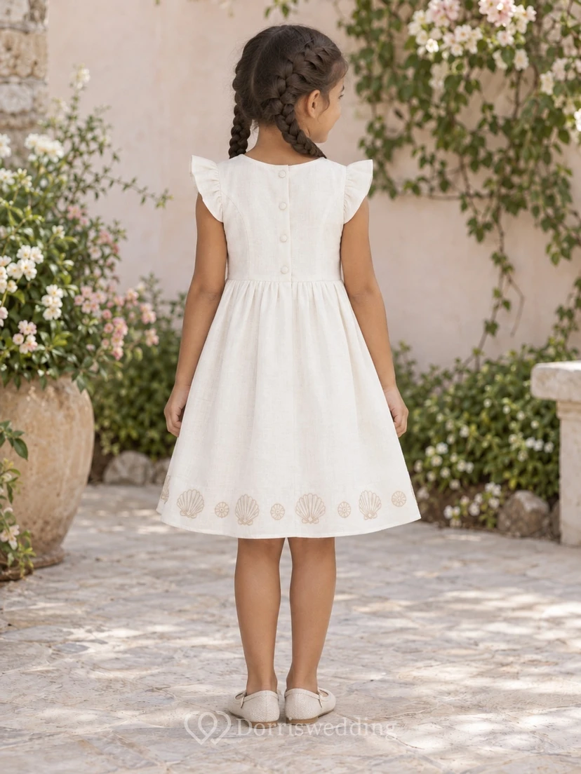Modest Ivory Knee Length Coastal Embroidered Border Full Flutter Sleeve Beach Flower Girl Dress view 2