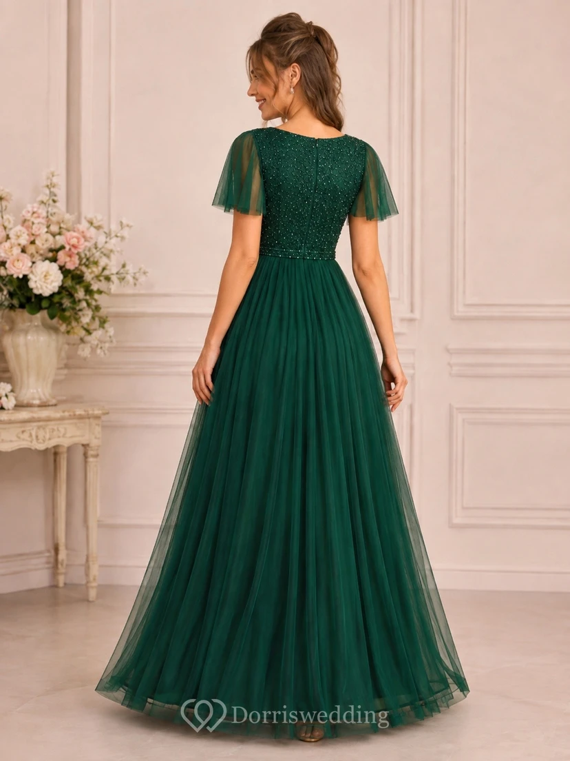 Smaragdgrünes, paillettenbesetztes Tüll-Ballkleid mit kurzen Ärmeln view 2