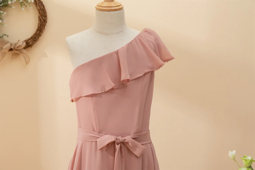 One-shoulder Asymmetrical Chiffon Pleated Floor-length Flowergirl Dress view 6