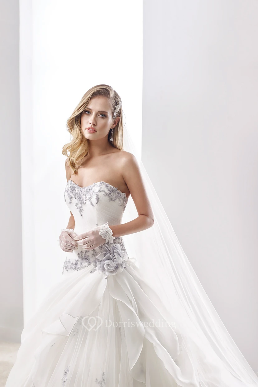 Sweetheart A-line Wedding Gown with Striking Appliques and Asymmetrical Ruffles Overlayer view 3