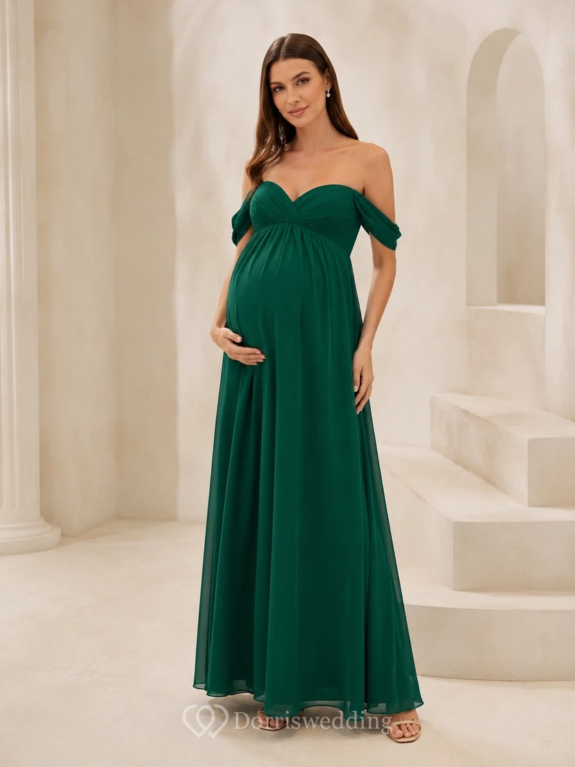 Dark Green Maternity Chiffon Off-the-shoulder Empire Waist Floor-length Dress