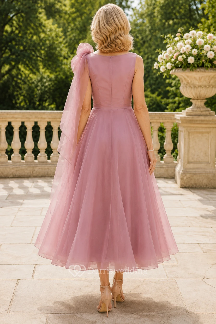 Altrosafarbenes, schulterfreies, teelanges Tüllkleid für Mütter view 2