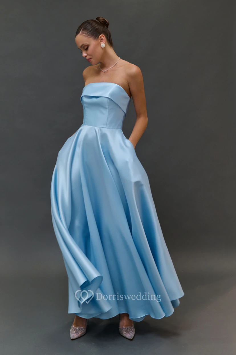 Strapless Floor-length A-line Simple Satin Dress view 3