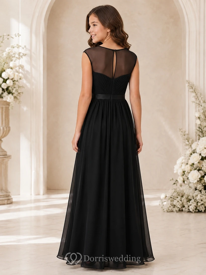 Schwarzes Brautjungfernkleid für junge Mädchen, A-Linie, herzförmiger Schnitt, kurze Ärmel, gerafft, modern view 2