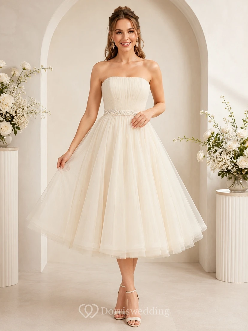 Cream Strapless Tulle A-Line Tea-Length Pleated Romantic Engagement Party Dress