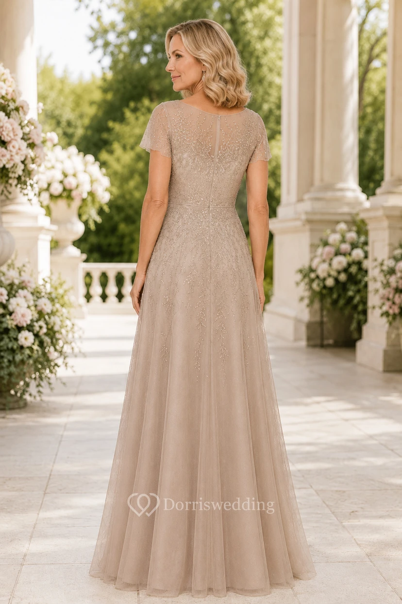 Champagnerfarbenes Tüll-A-Linien-Kleid für die Mutter mit perlenbesetztem Oberteil view 2