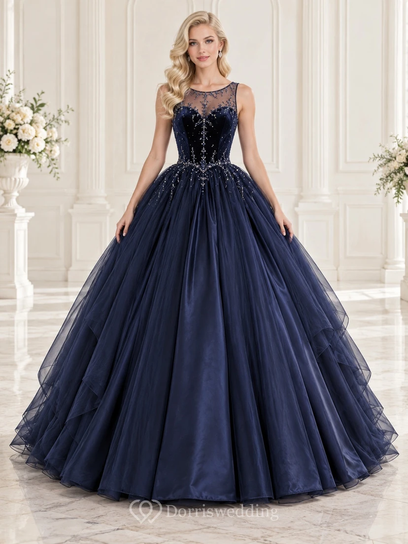 Robe de bal en tulle bleu marine à col rond illusion et corsage ajusté orné de perles, robe de bal bleu marine en tulle, col