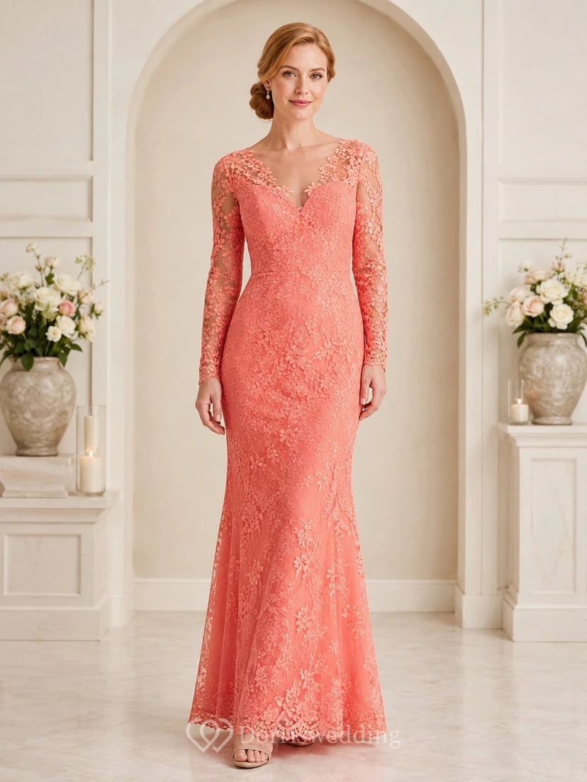 Coral Lace V-neck Sheath Long Sleeve Floor-length Romantic Formal Gown