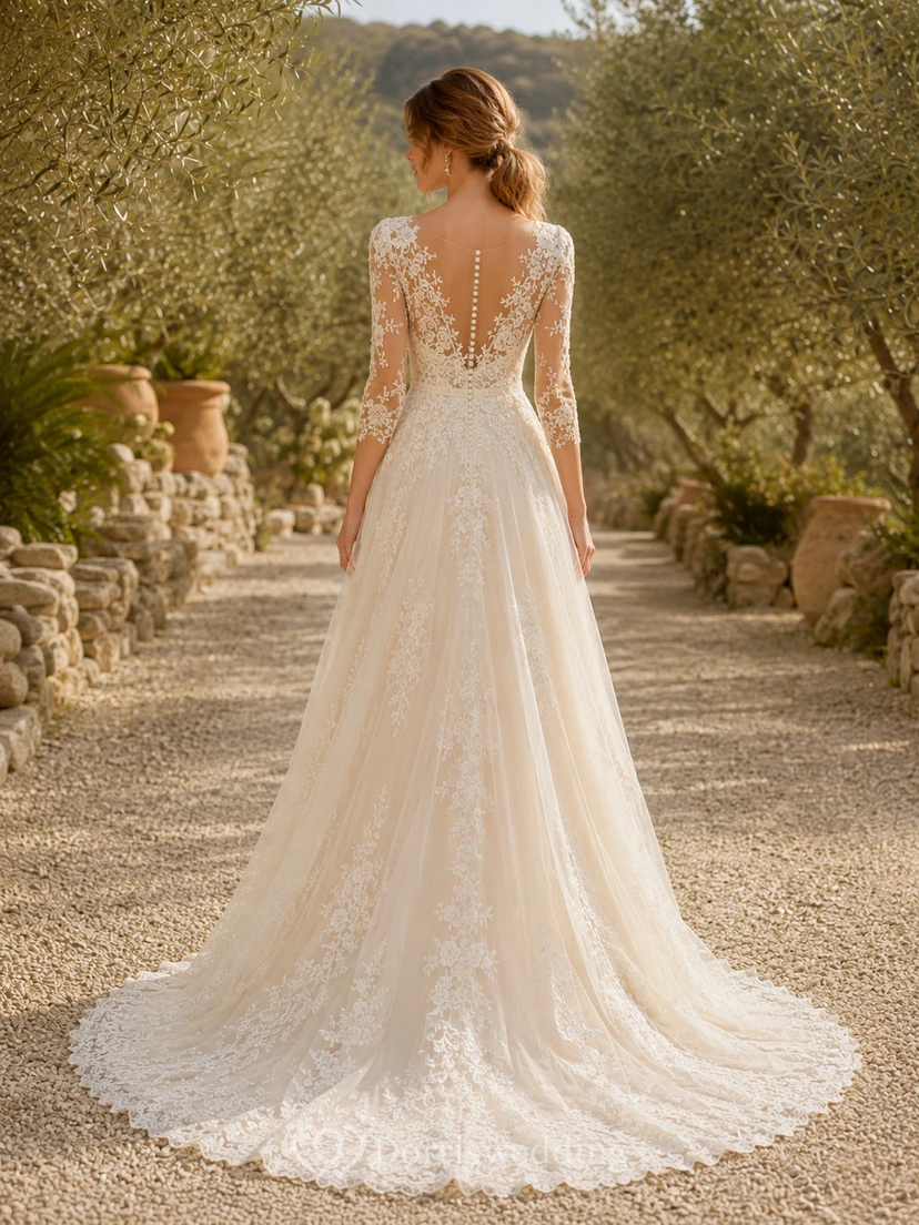 Vestido de novia bohemio modesto de corte capilla con cuello alto, mangas largas de encaje ilusión y corte en A view 2