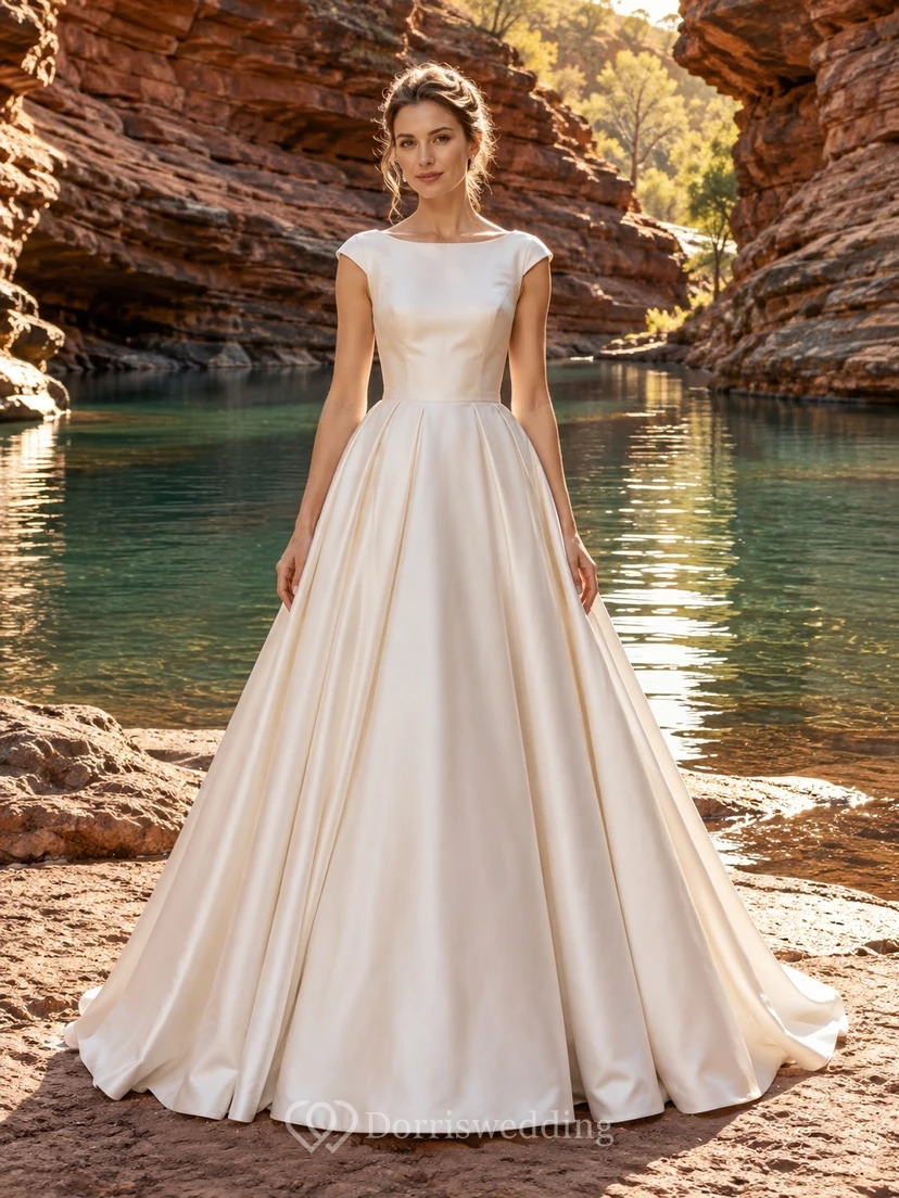 Schlichtes, ärmelloses Brautkleid aus Satin in A-Linie und bodenlang mit U-Boot-Ausschnitt