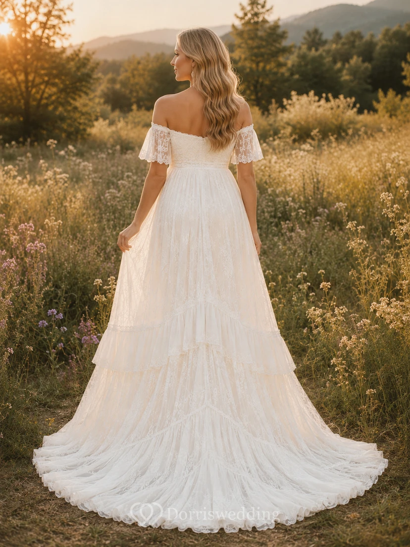 Maternity Wedding Dress Off Shoulder Flutter Sleeve Tiered Lace Bridal Gown view 2