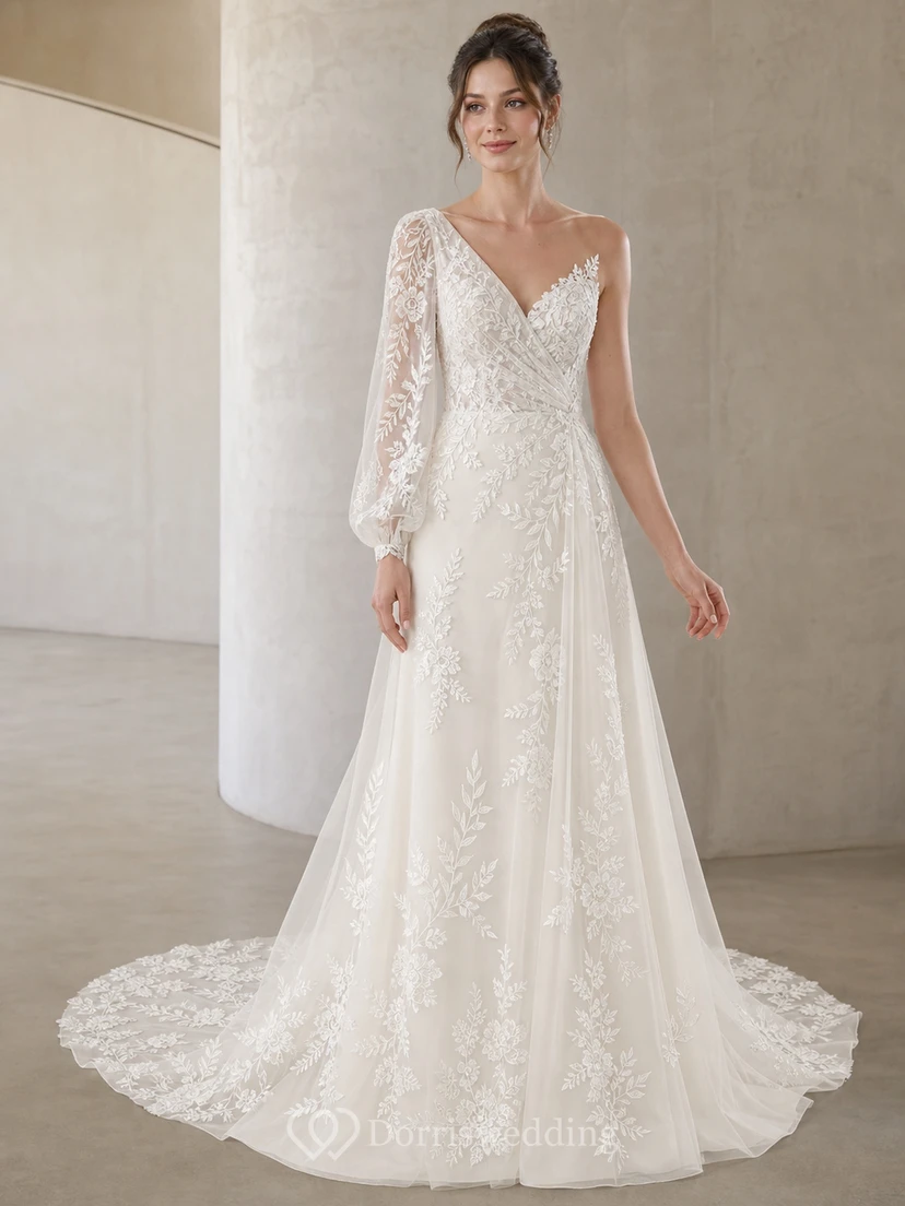 Vestido de novia moderno de manga larga, corte en A, un solo hombro, encaje de vid y cola catedral.